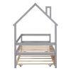 Twin House Wooden Daybed with trundle, Twin House-Shaped Headboard bed with Guardrails,Grey