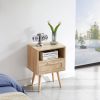 15.75" Rattan End table with drawer and solid wood legs, Modern nightstand, side table for living room, bedroom,natural