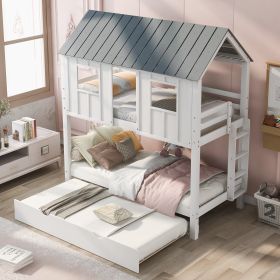 House Bunk Bed with Trundle,Roof and Windows