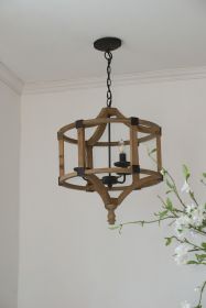 3 - Light Wood Drum Chandelier, Hanging Light Fixture with Adjustable Chain for Kitchen Dining Room Foyer Entryway, Bulb Not Included