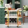 Gold Bar Cart with 3 Tiers for Stylish Storage, Home Bar Serving Cart with 4 Rows of Glass Holders & 8 Wine Racks, Modern Marbled Solid Wood Cart on L