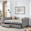 Upholstered Full Size Daybed with Two Drawers, with Button and Copper Nail on Square Arms, Grey (82.75''x58''x30.75'')