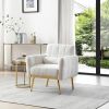 Modern Comfy Blind Tufted White Teddy Fabric Accent Chair Leisure Chair Armchair Living Room Chairs With Metal Trim and Gold Legs, with 1 Waist Pillow