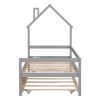 Twin House Wooden Daybed with trundle, Twin House-Shaped Headboard bed with Guardrails,Grey