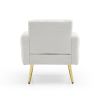 Modern Comfy Blind Tufted White Teddy Fabric Accent Chair Leisure Chair Armchair Living Room Chairs With Metal Trim and Gold Legs, with 1 Waist Pillow