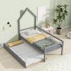 Twin House Wooden Daybed with trundle, Twin House-Shaped Headboard bed with Guardrails,Grey