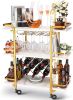 Gold Bar Cart with 3 Tiers for Stylish Storage, Home Bar Serving Cart with 4 Rows of Glass Holders & 8 Wine Racks, Modern Marbled Solid Wood Cart on L