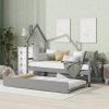 Twin House Wooden Daybed with trundle, Twin House-Shaped Headboard bed with Guardrails,Grey