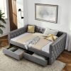 Upholstered Full Size Daybed with Two Drawers, with Button and Copper Nail on Square Arms, Grey (82.75''x58''x30.75'')