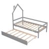 Twin House Wooden Daybed with trundle, Twin House-Shaped Headboard bed with Guardrails,Grey