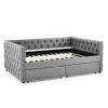 Upholstered Full Size Daybed with Two Drawers, with Button and Copper Nail on Square Arms, Grey (82.75''x58''x30.75'')