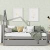 Twin House Wooden Daybed with trundle, Twin House-Shaped Headboard bed with Guardrails,Grey