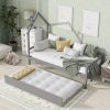 Twin House Wooden Daybed with trundle, Twin House-Shaped Headboard bed with Guardrails,Grey