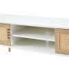 55.12" Rattan TV cabinet, double sliding doors for storage, adjustable shelf, solid wood legs, TV console for living room , White