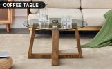 Modern practical circular coffee and tea tables. Made of transparent tempered glass tabletop and wood colored MDF material. Suitable for living rooms