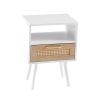 15.75" Rattan End table with drawer and solid wood legs, Modern nightstand, side table for living room, bedroom, white