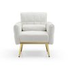 Modern Comfy Blind Tufted White Teddy Fabric Accent Chair Leisure Chair Armchair Living Room Chairs With Metal Trim and Gold Legs, with 1 Waist Pillow