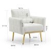 Modern Comfy Blind Tufted White Teddy Fabric Accent Chair Leisure Chair Armchair Living Room Chairs With Metal Trim and Gold Legs, with 1 Waist Pillow