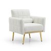 Modern Comfy Blind Tufted White Teddy Fabric Accent Chair Leisure Chair Armchair Living Room Chairs With Metal Trim and Gold Legs, with 1 Waist Pillow