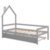 Twin House Wooden Daybed with trundle, Twin House-Shaped Headboard bed with Guardrails,Grey