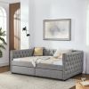 Upholstered Full Size Daybed with Two Drawers, with Button and Copper Nail on Square Arms, Grey (82.75''x58''x30.75'')