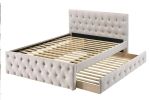 Contemporary Twin Size Bed w/ Trundle Slats Light Brown Burlap Upholstered Tufted Headboard Footboard Youth Bedroom Furniture wooden Slats 1pc Bed