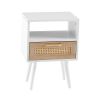 15.75" Rattan End table with drawer and solid wood legs, Modern nightstand, side table for living room, bedroom, white