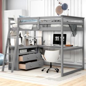 Full Size Loft Bed with Desk and Shelves; Two Built-in Drawers (Color: Gray)