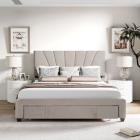 Queen Size Storage Bed Velvet Upholstered Platform Bed with a Big Drawer (Color: Beige)