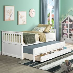 Captain's Bed Twin Daybed with Trundle Bed and Storage Drawers, White (Color: White)