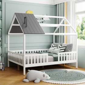 Full Size Wood House Bed with Fence (Color: White+Gray)