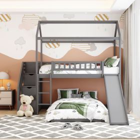 Twin Over Twin Bunk Bed with Two Drawers and Slide, House Bed with Slide (Color: Gray)