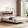 Queen Size Upholstered Platform Bed with Storage Headboard and USB Port, Linen Fabric Upholstered Bed