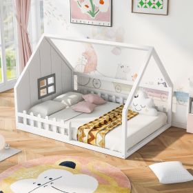 Full Size Wood House Bed with Window and Fence (Color: White)