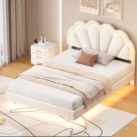 Full Upholstered Smart LED Bed Frame with Elegant Flowers Headboard,Floating Velvet Platform LED Bed with Wooden Slats Support (Color: Beige)