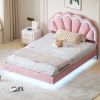 Full Upholstered Smart LED Bed Frame with Elegant Flowers Headboard,Floating Velvet Platform LED Bed with Wooden Slats Support