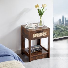 15.75" Rattan End table with drawer, Modern nightstand, side table for living roon, bedroom (Color: Rustic Brown)