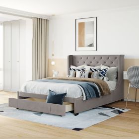 Queen Size Storage Bed Velvet Upholstered Platform Bed with Wingback Headboard and a Big Drawer (Color: Gray)