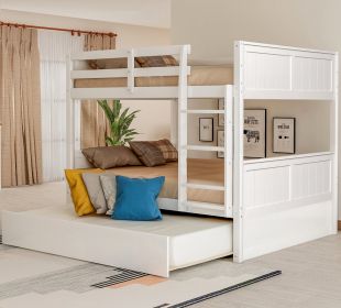 Full Over Full Bunk Bed with Twin Size Trundle (Color: White)