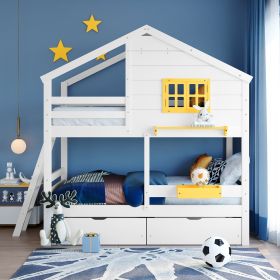 Twin over Twin Bunk Bed with 2 Drawers;  1 Storage Box;  1 Shelf;  Window and Roof (Color: White)