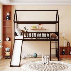 Twin Loft Bed with Slide;  House Bed with Slide (Color: Espresso)