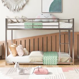 Twin over Twin Metal Bunk Bed;  Low Bunk Bed with Ladder (Color: Silver)