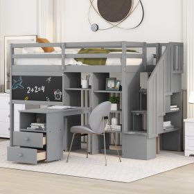 Twin Size Loft Bed with Pullable Desk and Storage Shelves; Staircase and Blackboard (Color: Gray)