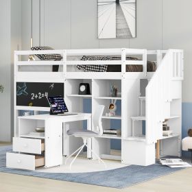 Twin Size Loft Bed with Pullable Desk and Storage Shelves; Staircase and Blackboard (Color: White)