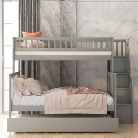 Twin over Full Bunk Bed with Trundle and Staircase (Color: Gray)