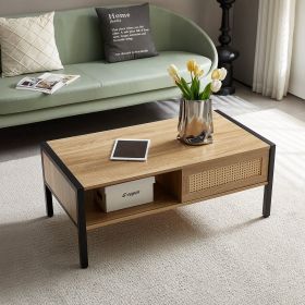 40.16" Rattan Coffee table, sliding door for storage, metal legs, Modern table for living room , natural (Color: as Pic)