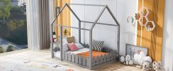 (Slats are not included) Full Size Wood Bed House Bed Frame with Fence;  for Kids;  Teens;  Girls;  Boys