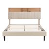 Queen Size Upholstered Platform Bed with Storage Headboard and USB Port, Linen Fabric Upholstered Bed