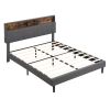 Queen Size Upholstered Platform Bed with Storage Headboard and USB Port, Linen Fabric Upholstered Bed