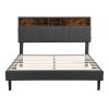 Queen Size Upholstered Platform Bed with Storage Headboard and USB Port, Linen Fabric Upholstered Bed